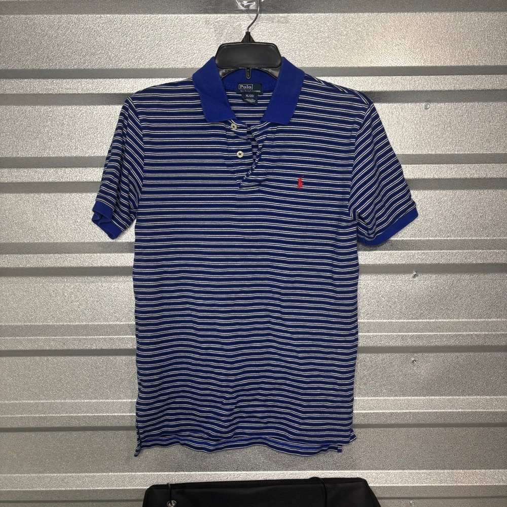 Polo Ralph Lauren Youth XL 20 Blue Striped Short Sleeve Polo Shirt Red Pony